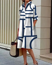 Coleen | Shirt Dress with Bold Line Print and Roll Up Sleeves 0
