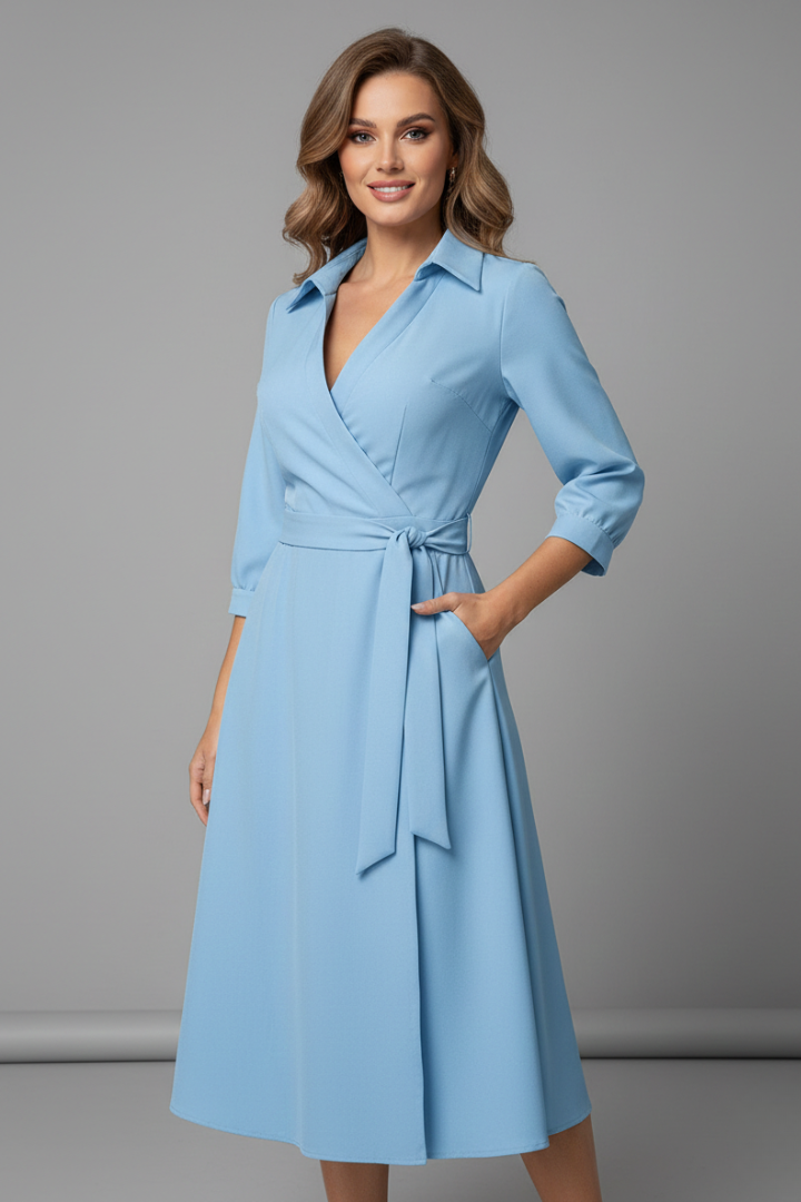 Elegant Women’s Midi Dress with V-Neck and Long Sleeves for Summer 4
