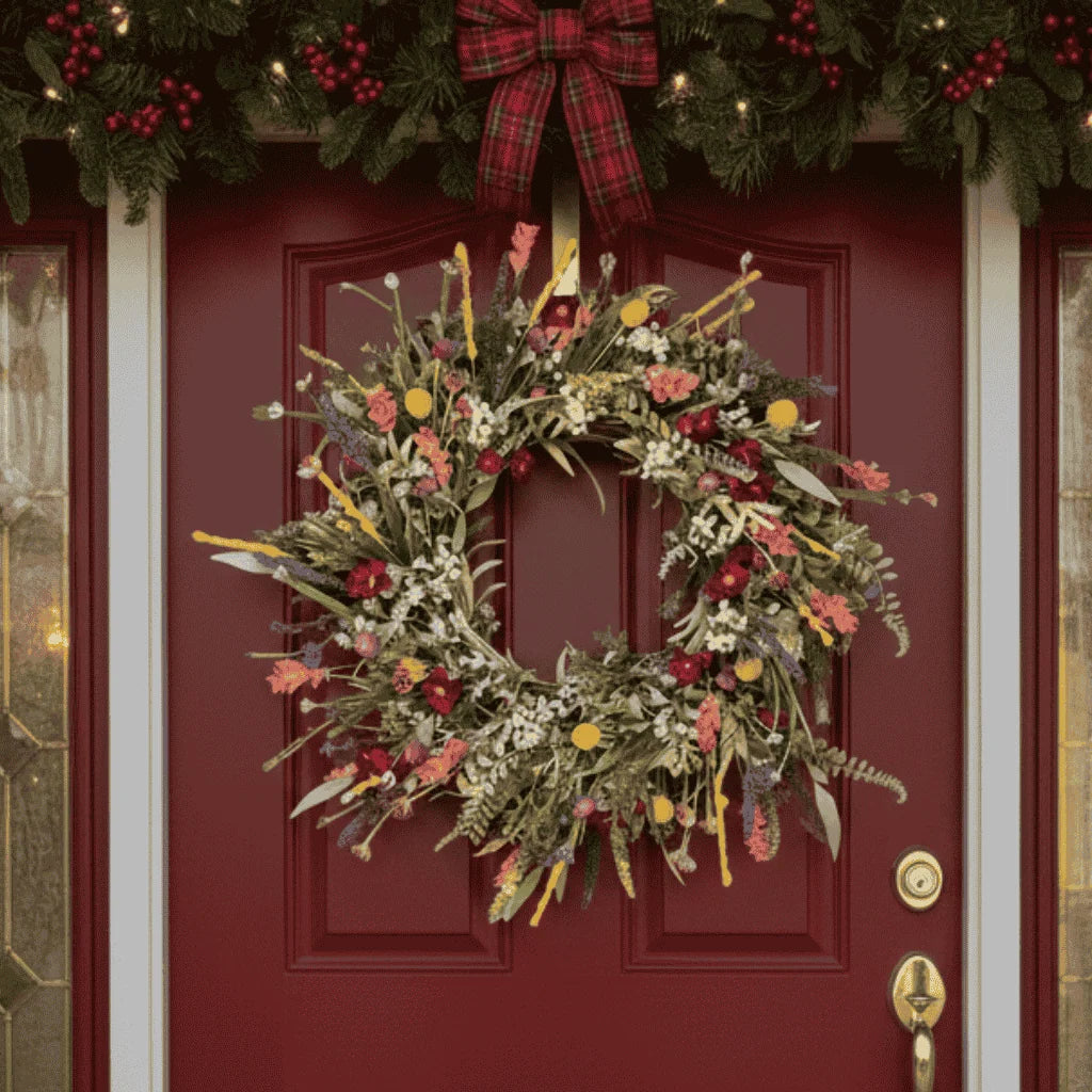 Lush Door Wreath with Realistic Blossoms and Balanced Color Accents 0