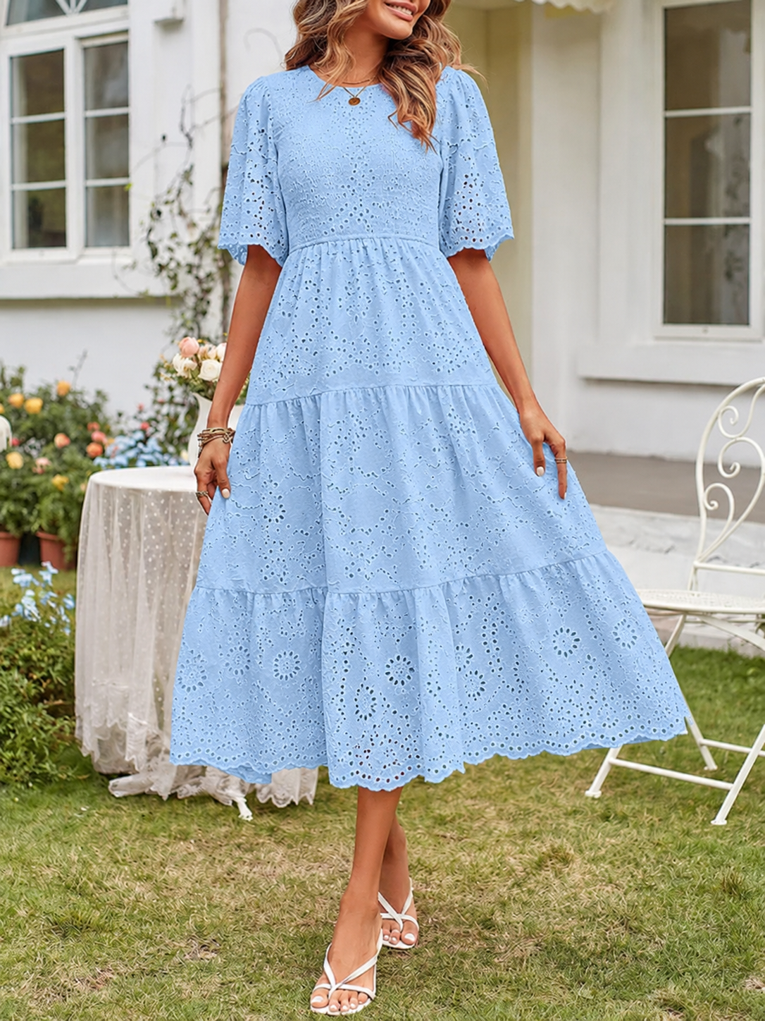 Women's Summer Midi Dress with Smocked Bodice, Puff Sleeves, and Tiered Skirt