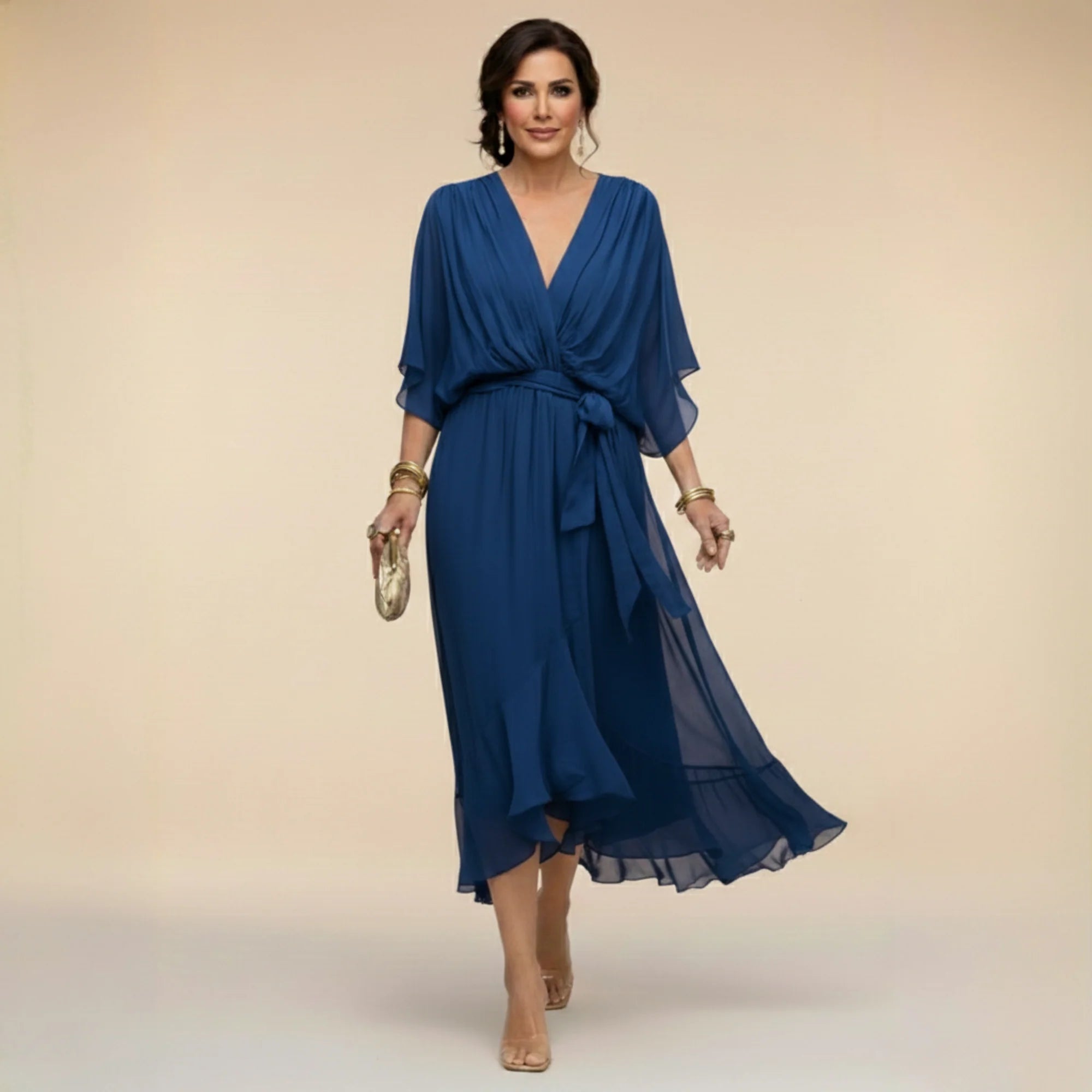 Women's Chiffon Midi Dress with V-Neck and Tie Waist 2