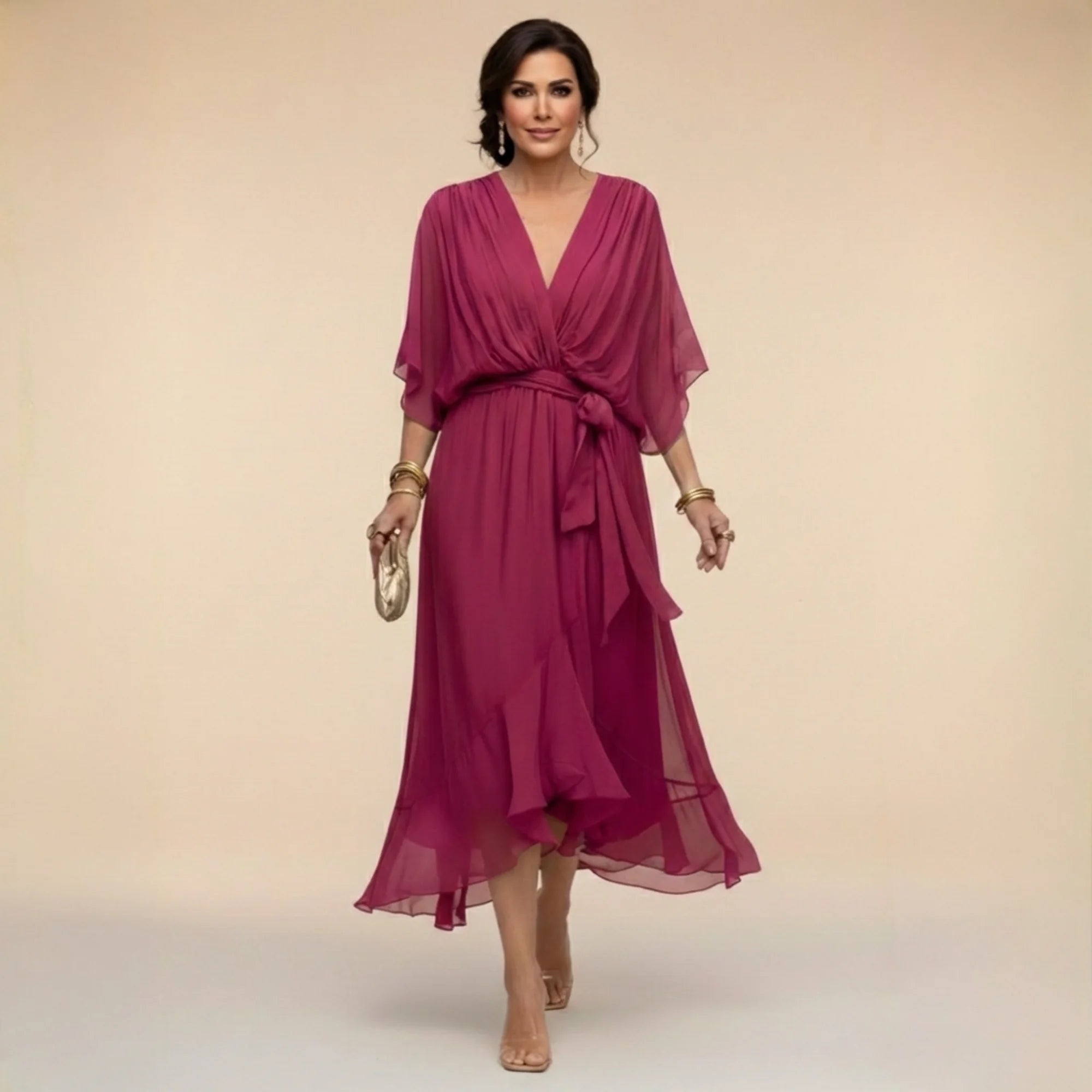 Women's Chiffon Midi Dress with V-Neck and Tie Waist 3