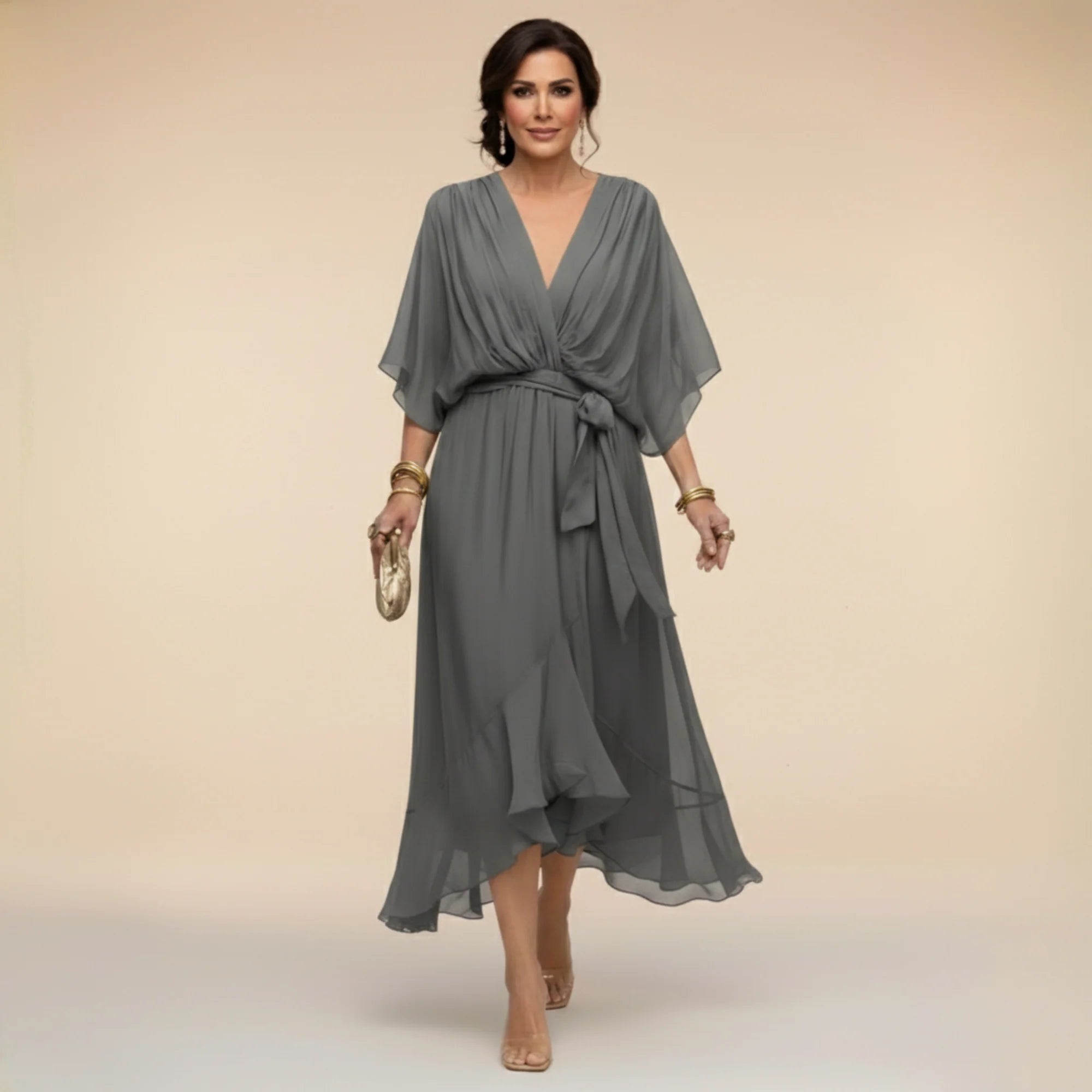 Women's Chiffon Midi Dress with V-Neck and Tie Waist 5