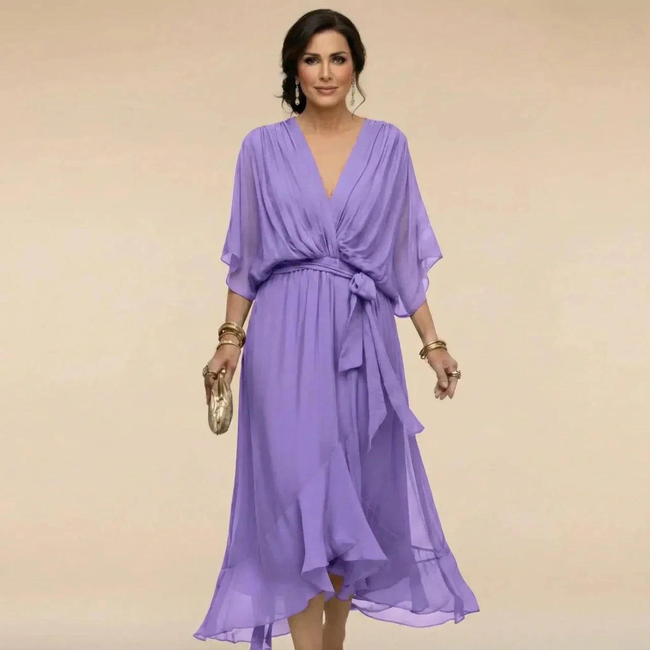 Women's Chiffon Midi Dress with V-Neck and Tie Waist 7
