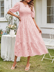 Women's Summer Midi Dress with Smocked Bodice, Puff Sleeves, and Tiered Skirt 1