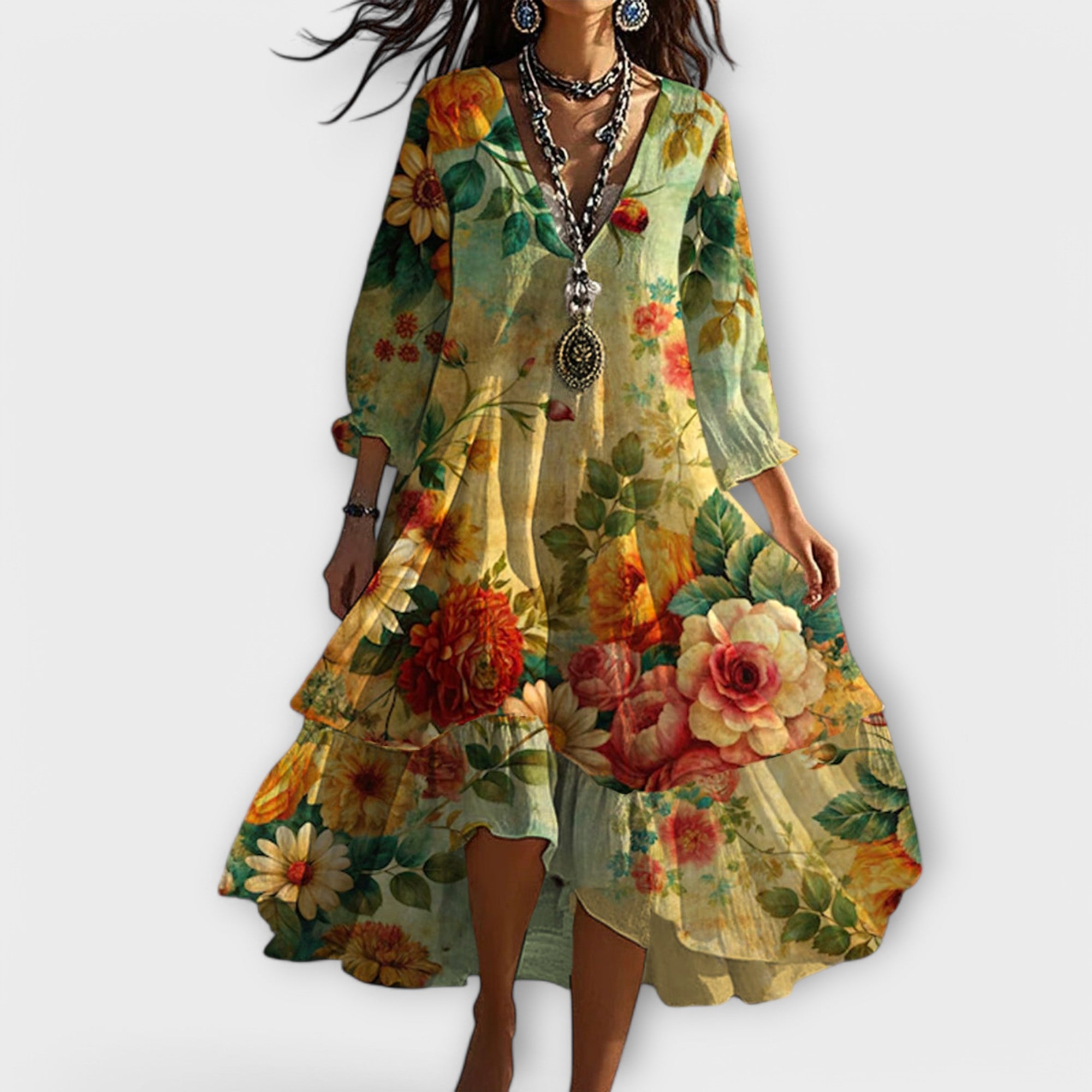 Women's Vintage Boho V-Neck Summer Dress Floral Pattern Casual Sundress 0