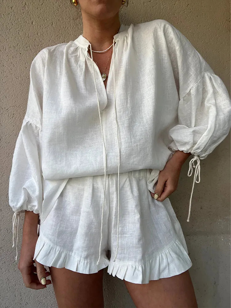 ZARA | Elegant V-Neck Shirt And Ruffle Shorts Set 3
