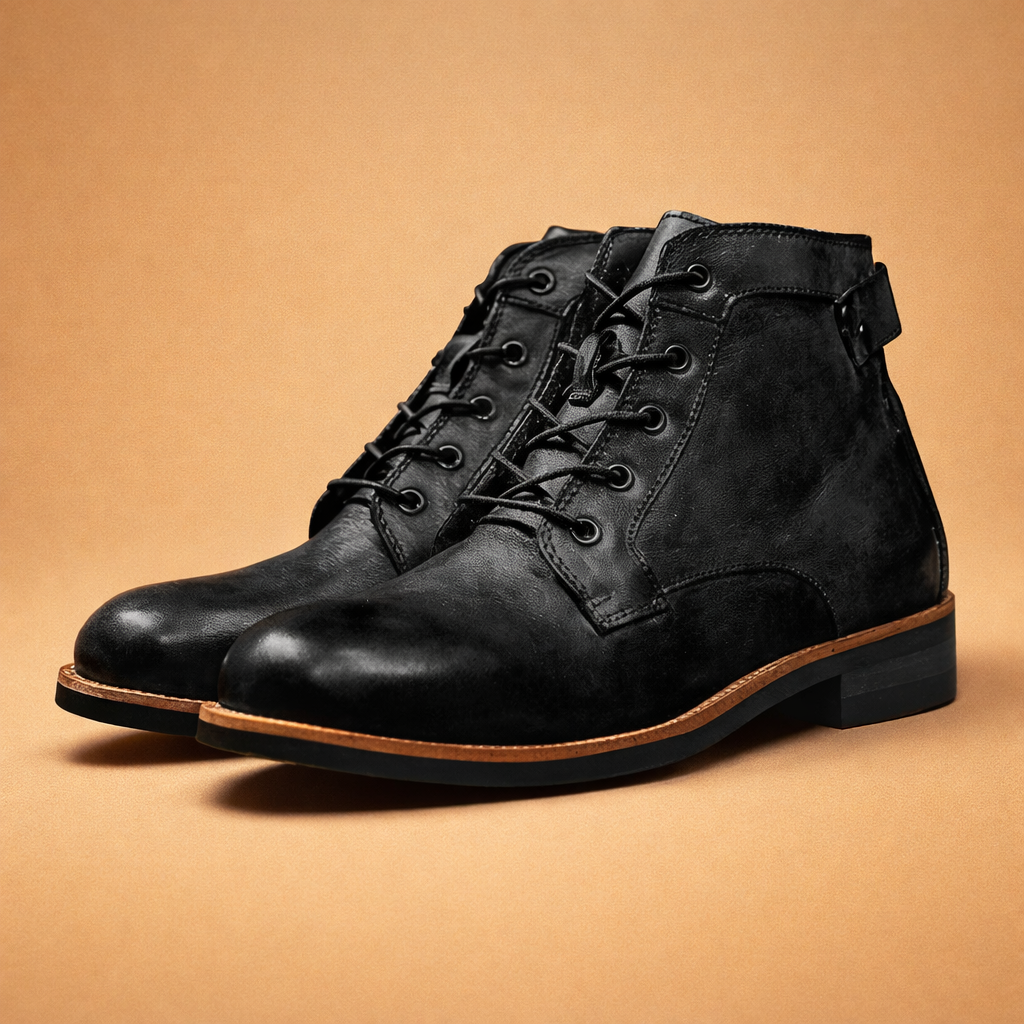 black-leather-lace-up-ankle-boots-studio-model-pose-caramel-sand-background.png