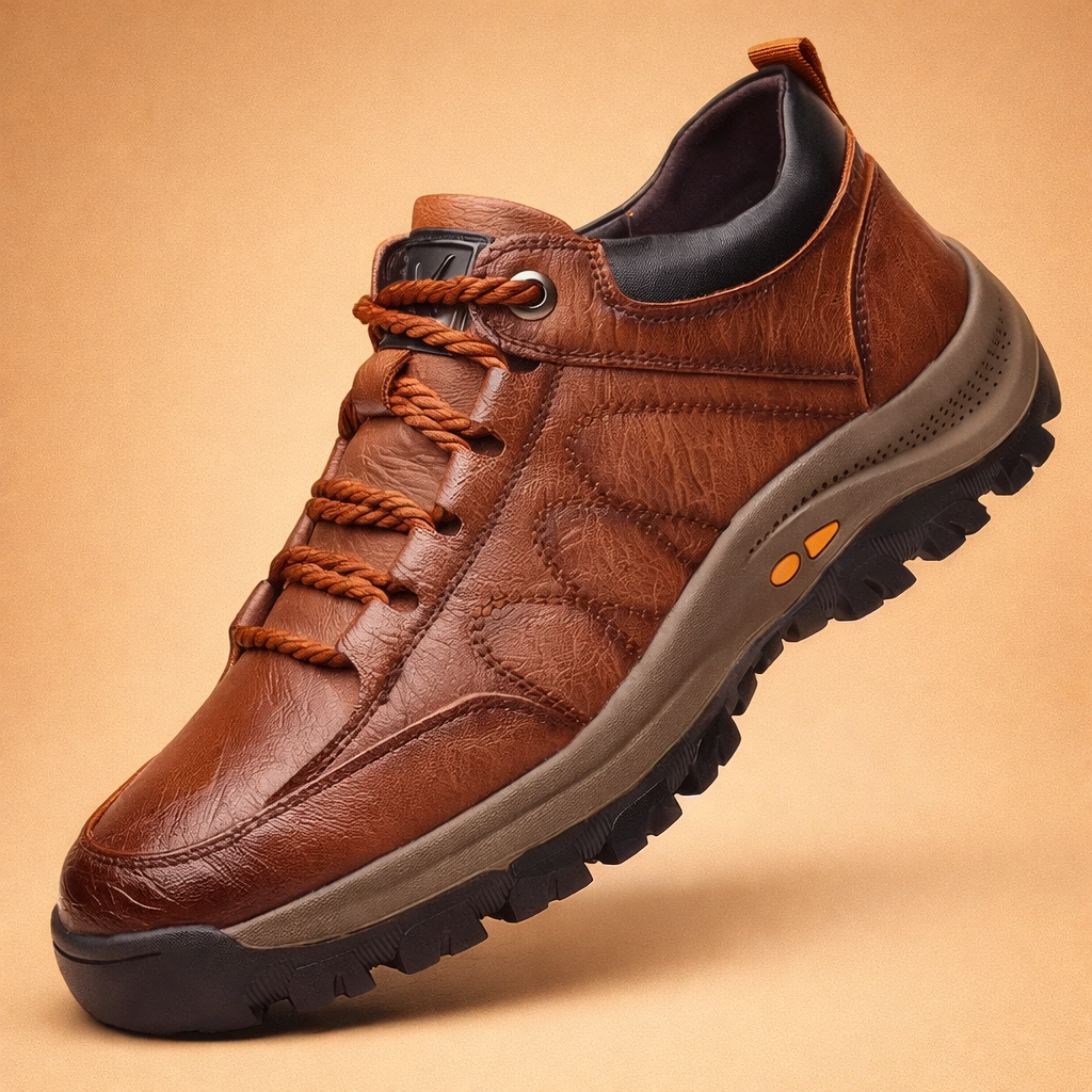 european-studio-model-shot-brown-leather-luxury-casual-hiking-shoe-caramel-sand-background.png