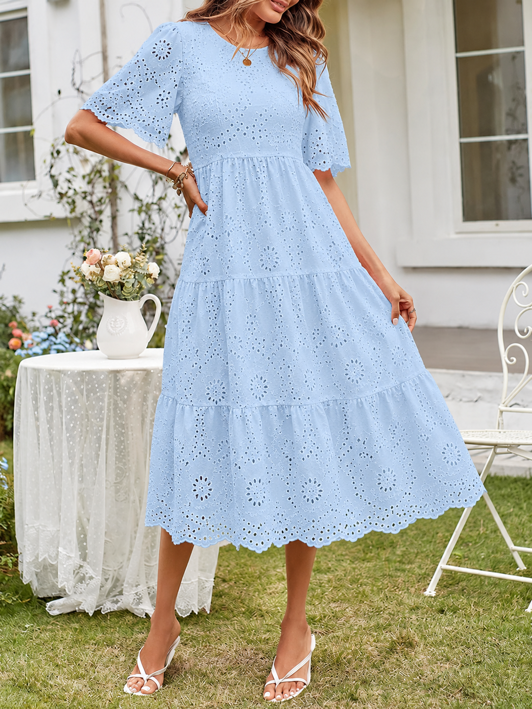 Women's Summer Midi Dress with Smocked Bodice, Puff Sleeves, and Tiered Skirt
