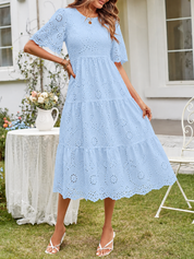 Women's Summer Midi Dress with Smocked Bodice, Puff Sleeves, and Tiered Skirt