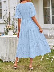 Women's Summer Midi Dress with Smocked Bodice, Puff Sleeves, and Tiered Skirt