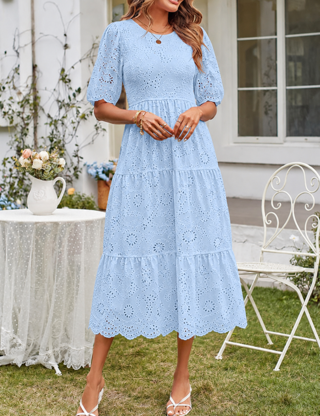 Women's Summer Midi Dress with Smocked Bodice, Puff Sleeves, and Tiered Skirt